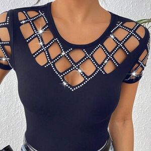 SHEIN Black Cutout Rhinestone Tee